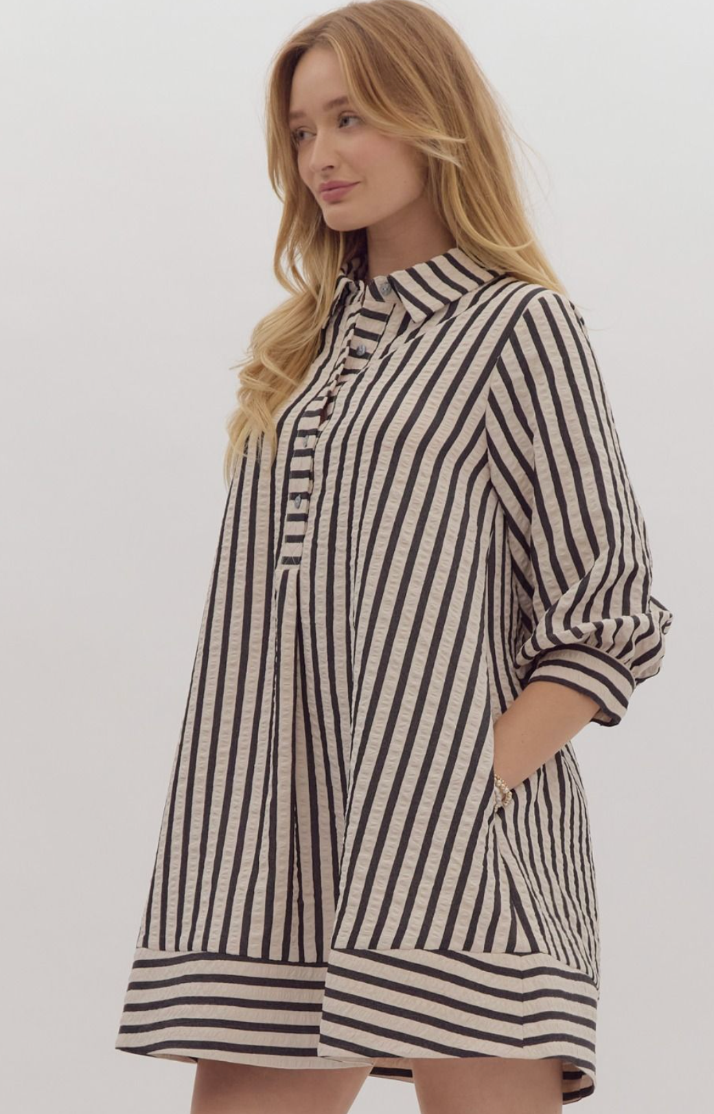 Black Striped Seersucker Long Sleeve Mini Dress