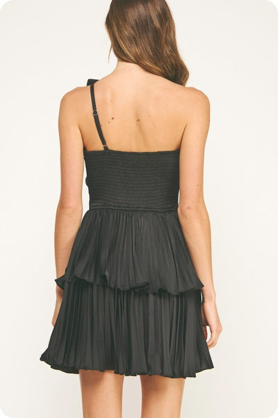 Black Knotted Flower Satin Pleated Mini Dress