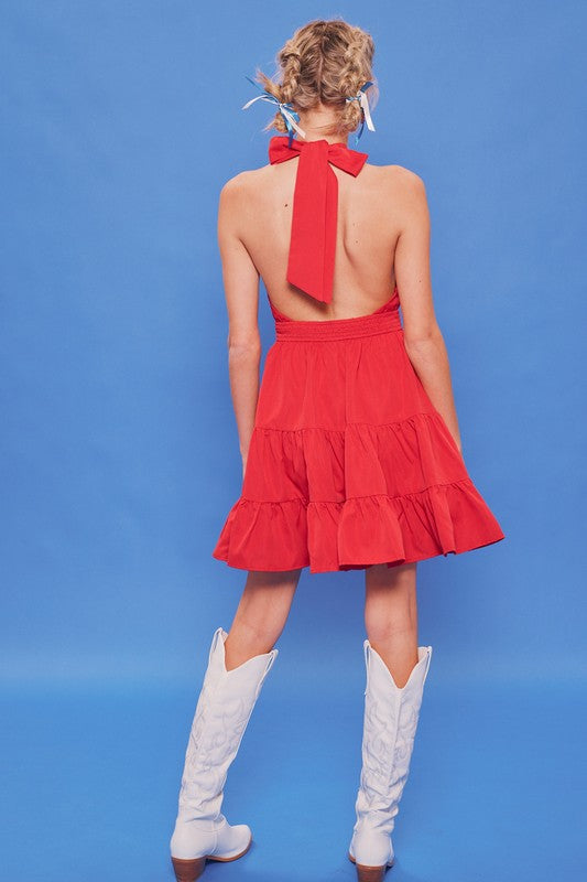 Halter Neck Tiered Mini Dress- Red