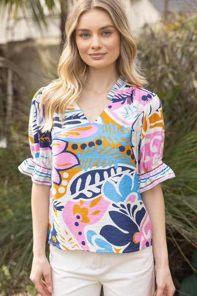 Floral And Stripe Mixed Puff Sleeve Top