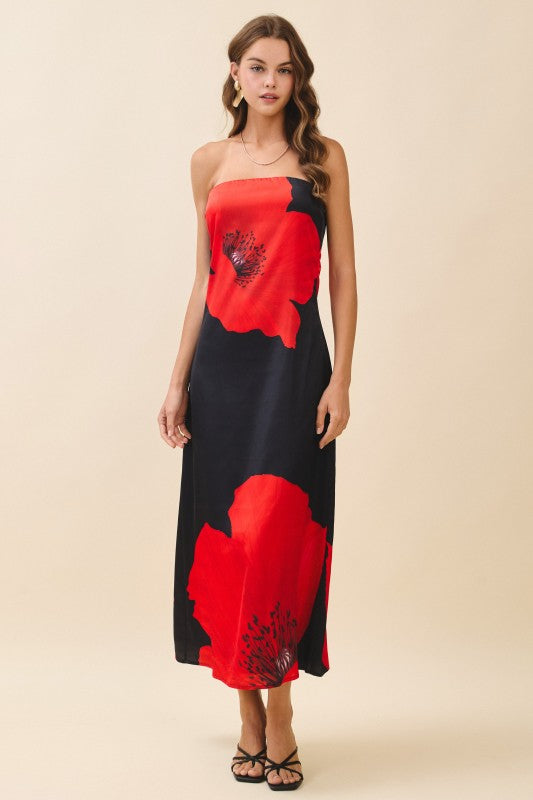 Floral Print Elasticized Band Strapless Dress