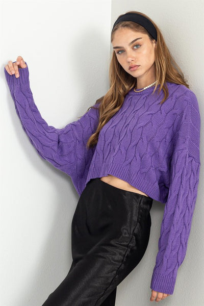 Cropped Cable Knit Sweater-Purple