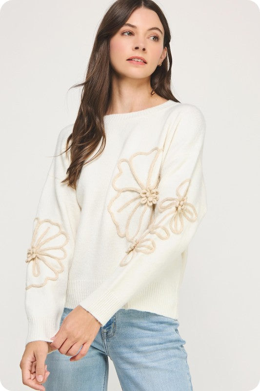 Floral Embroidered Knit Sweater- Ivory/Tan