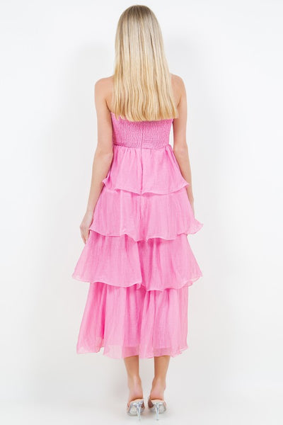Pink Ruffle Detail Tube Midi Dress