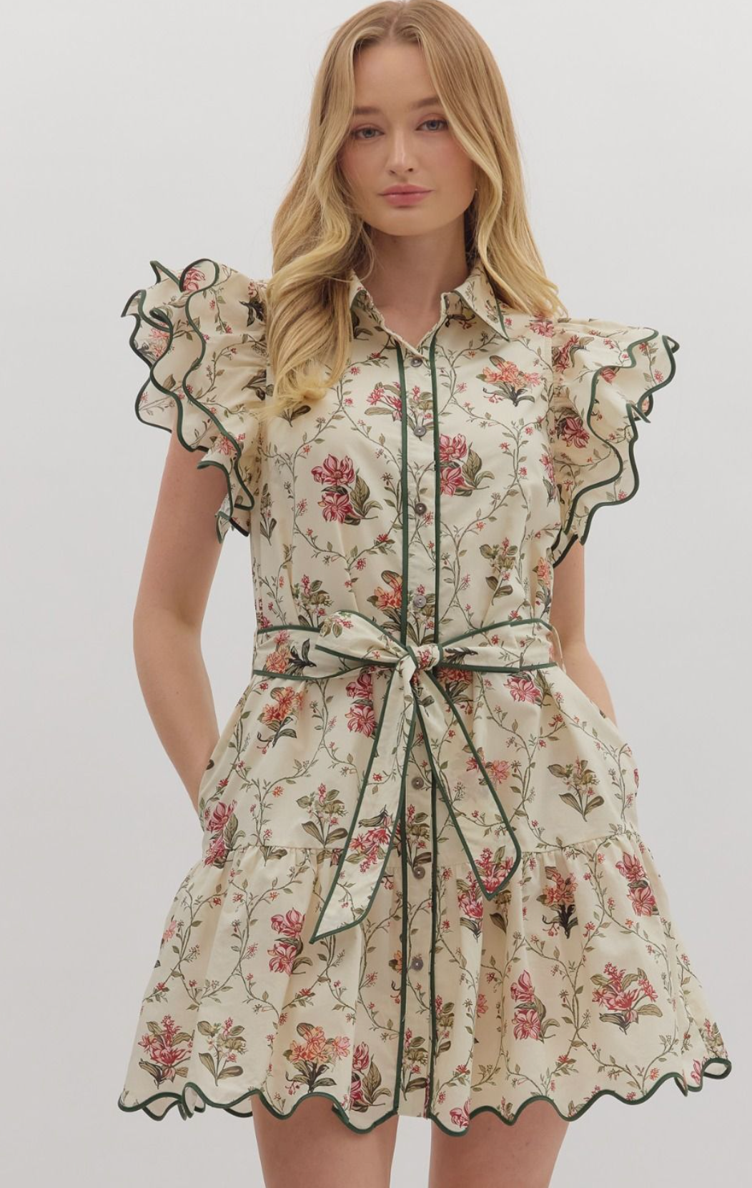 Cream Floral Scalloped Ruffle Sleeve Dress