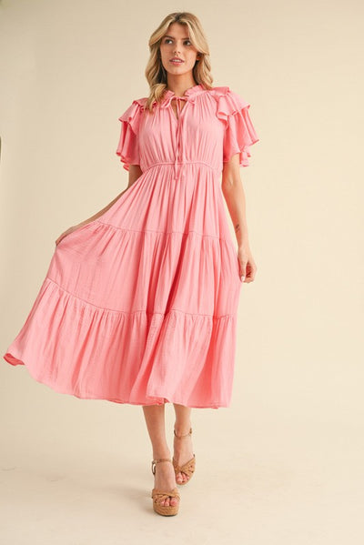 Pink Ruffle Sleeve Tiered Midi Dress