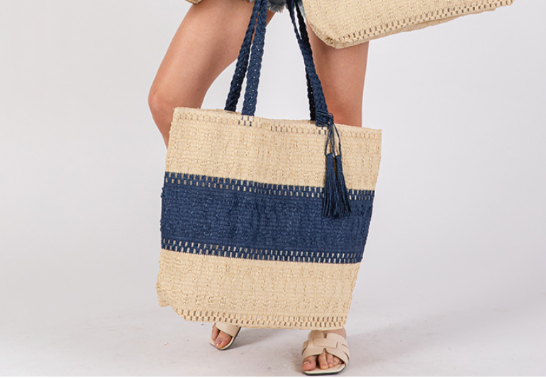 Two Tone Woven Tassel Tote Bag