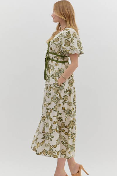 Olive Floral Bow Detail Midi Dress