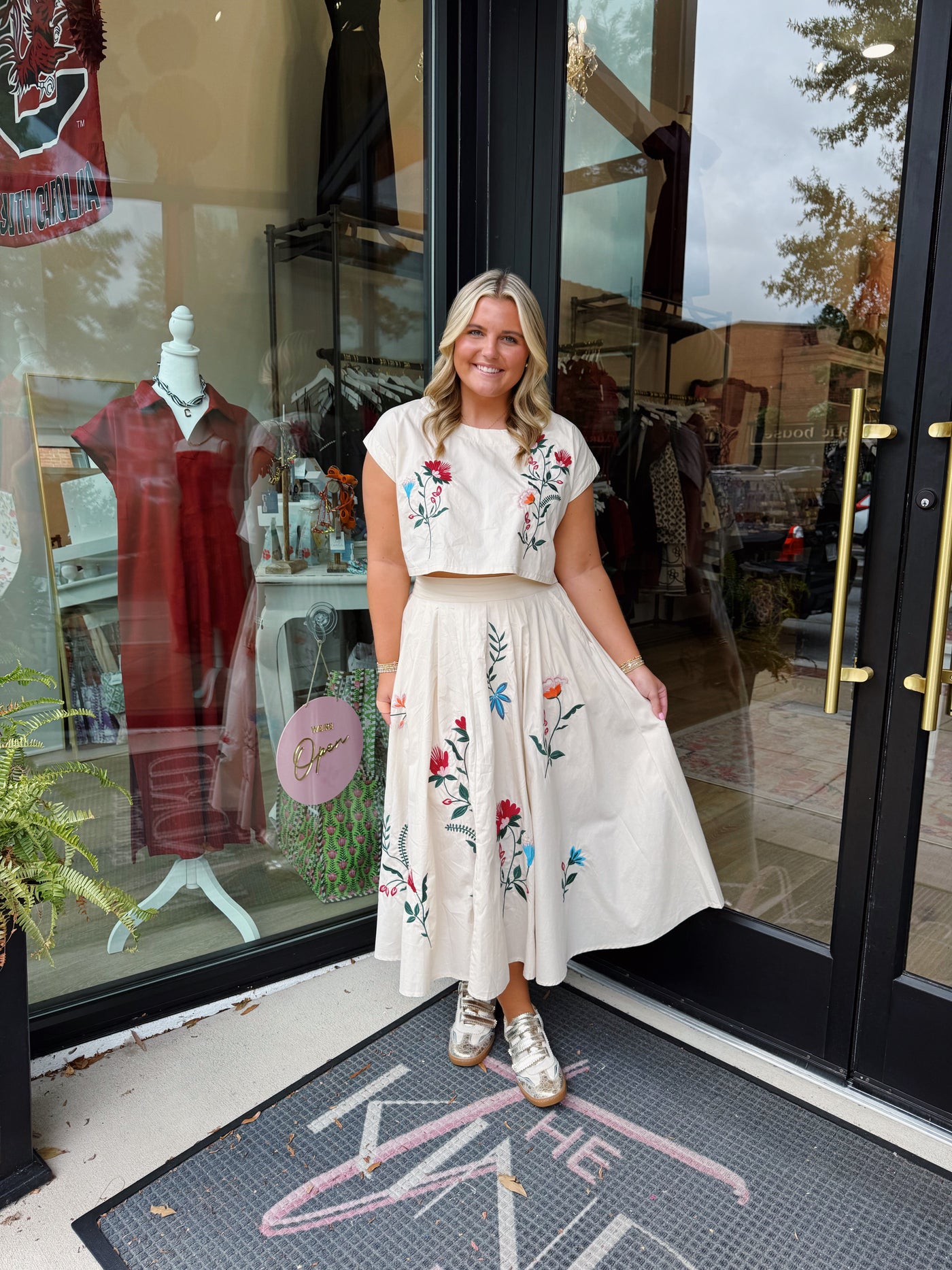 Floral Embroidered Crop Top And Midi Skirt Set