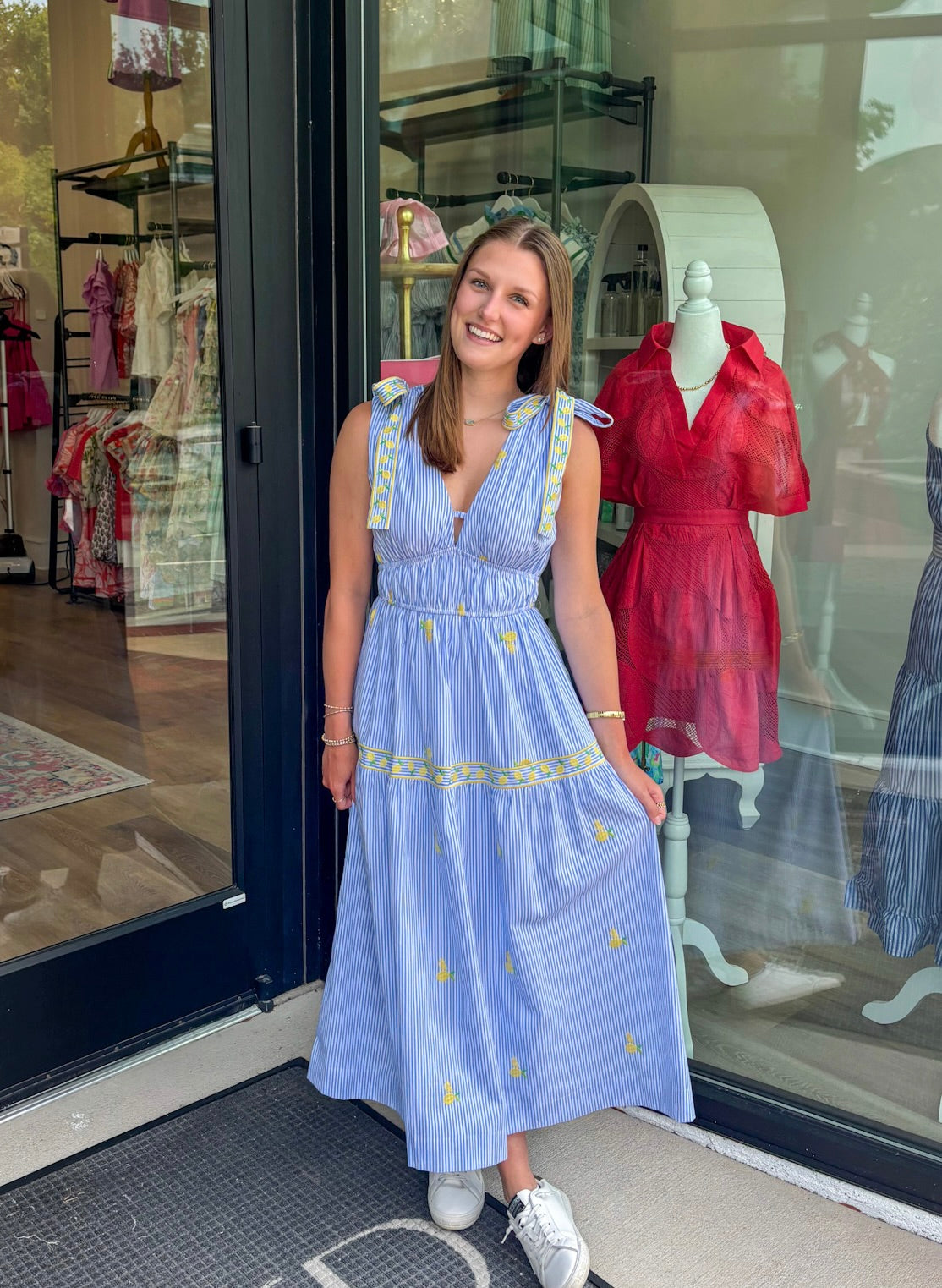 Lemon Embroidered Striped Midi Dress