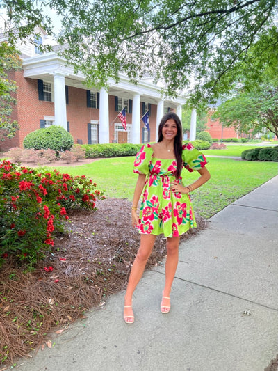 Bold Flower Print Mini Dress- Lime