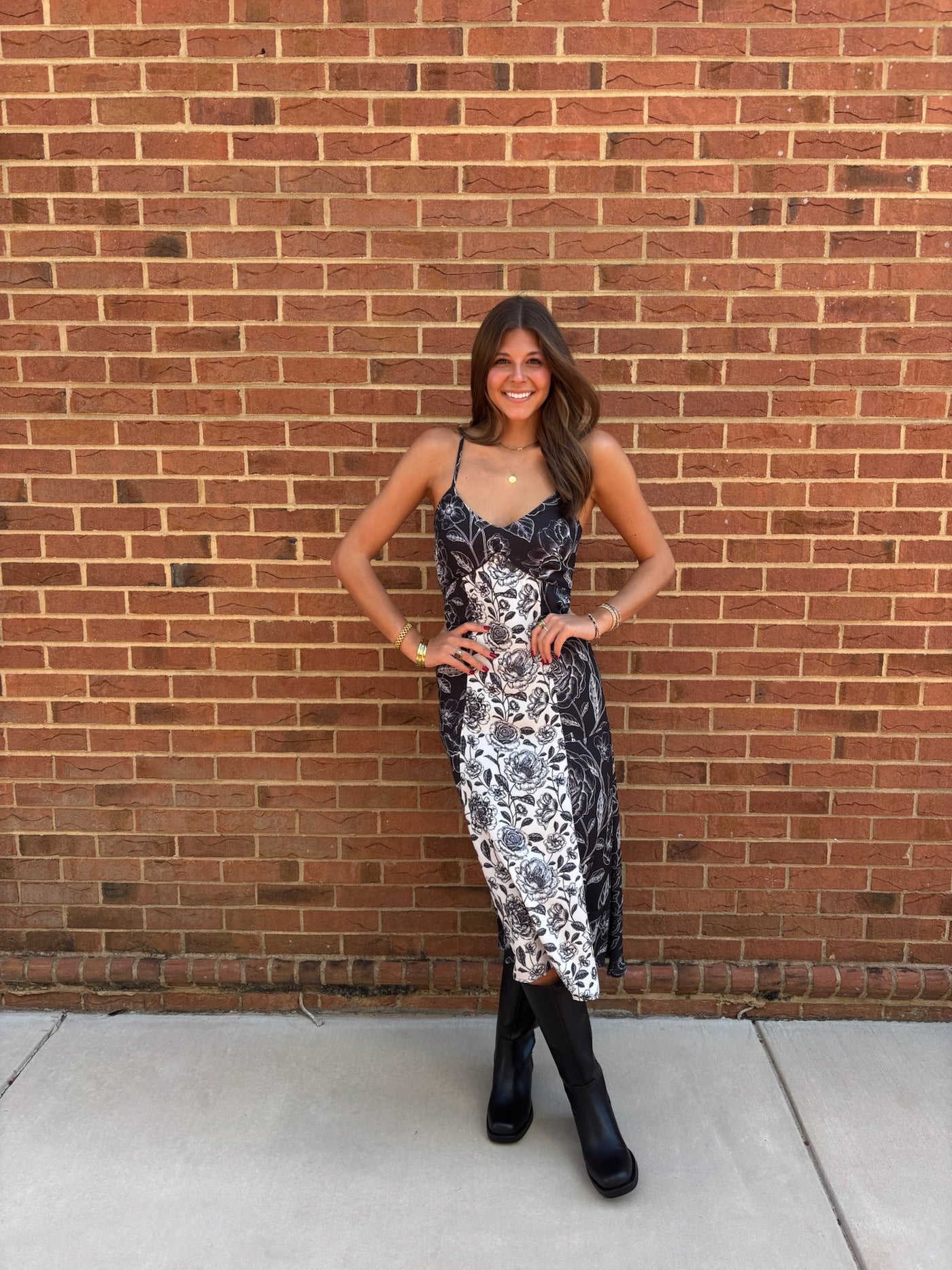 Black Contrast Floral Panel Midi Dress