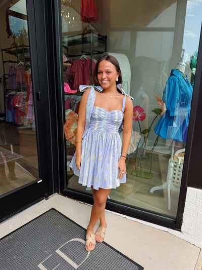 Lavender Floral Shoulder Tie Ruched Mini Dress