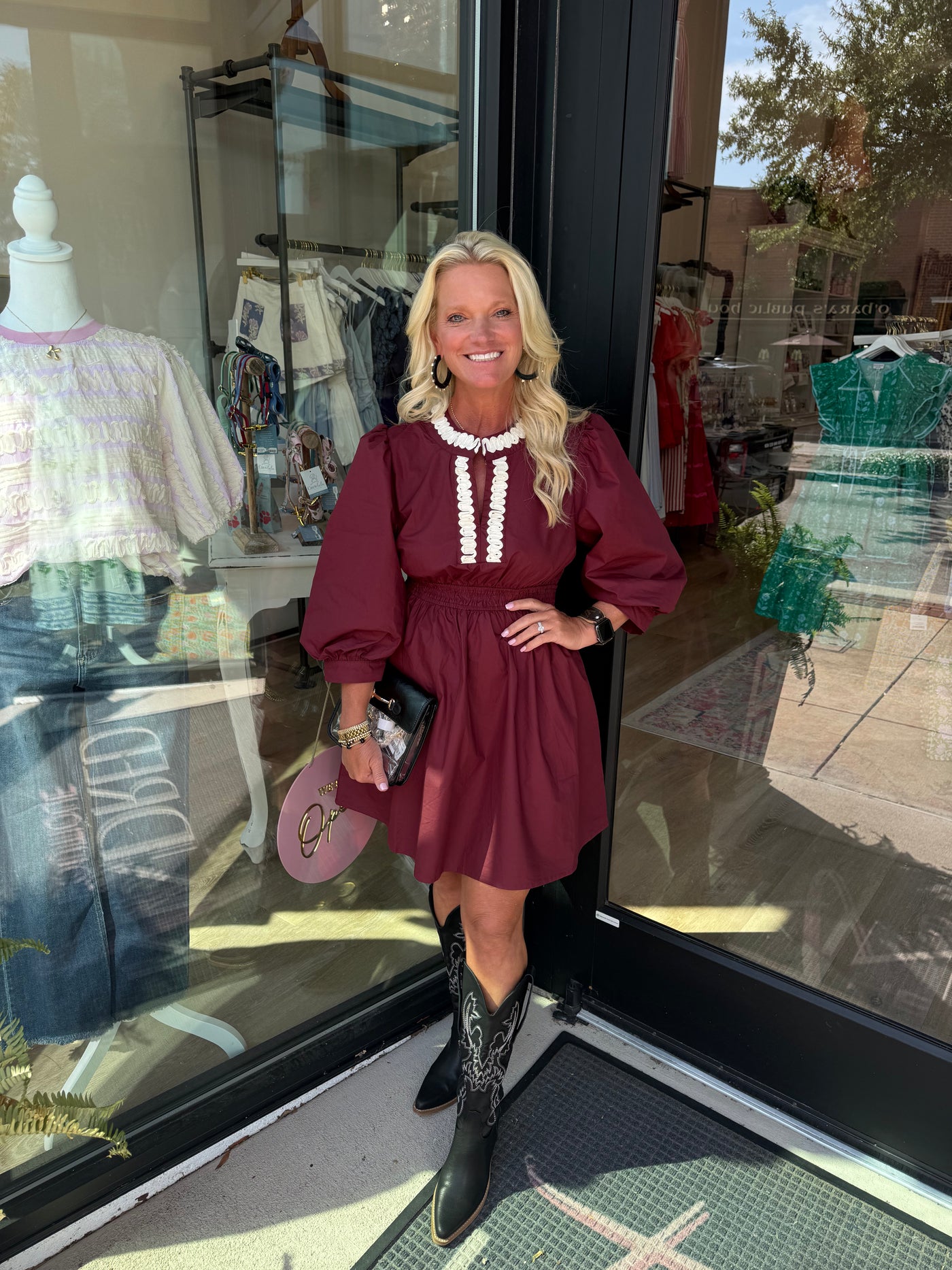 Garnet Texture Detail Cinched Waist Mini Dress
