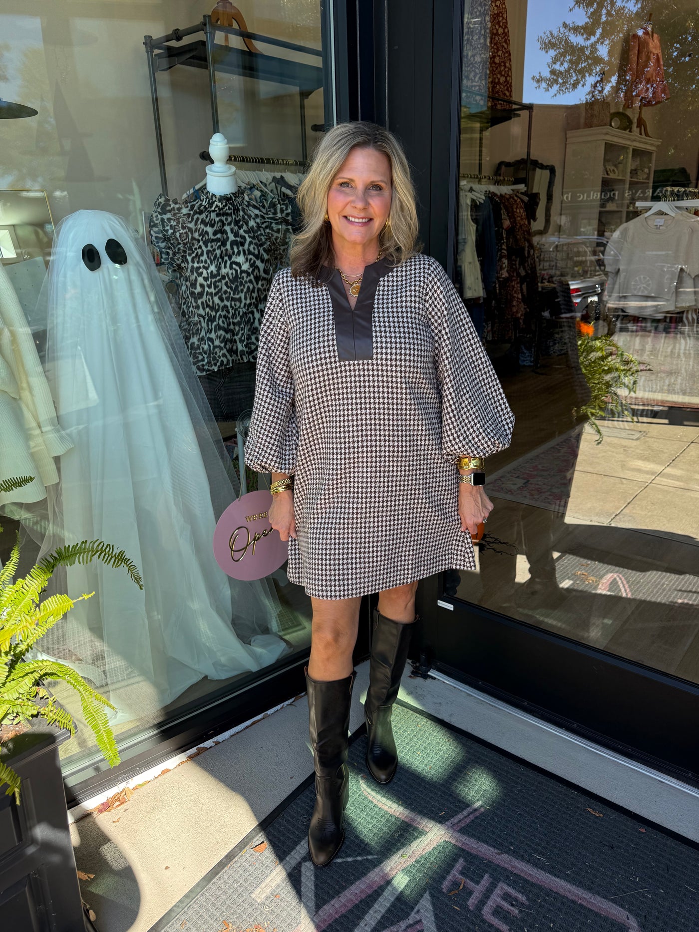 Brown Tweed Balloon Sleeve Dress