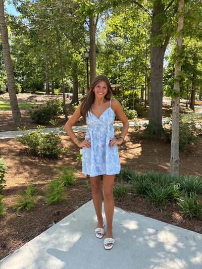Blue Floral Jacquard Print Mini Dress