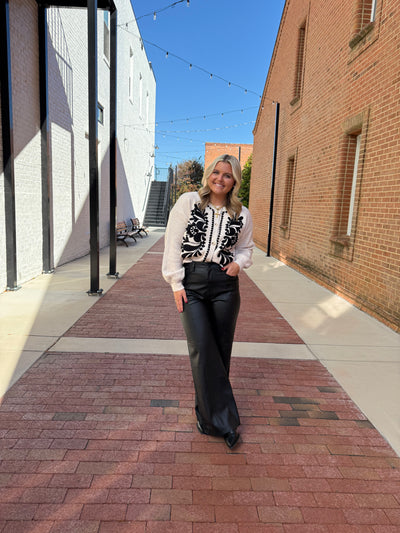 Cream and Black Embroidered Sweater Cardigan