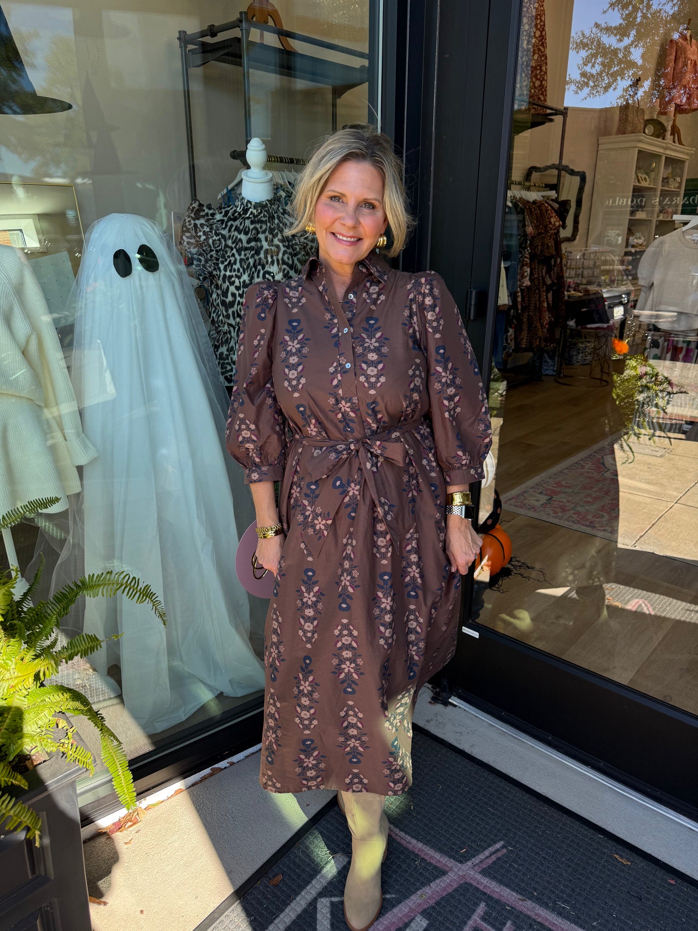 Brown Botanical Print Waist Tie Midi Dress