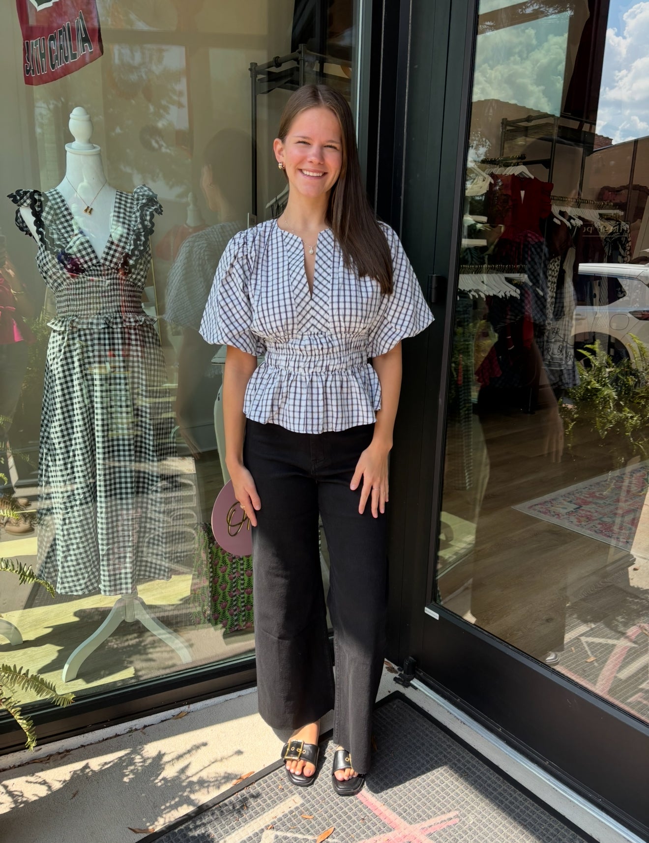 Ivory/Black Checkered Puff Sleeve Top