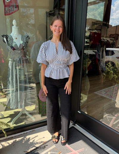 Ivory/Black Checkered Puff Sleeve Top