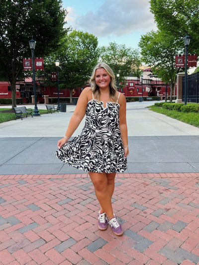 Black Abstract Print Braided Detail Dress