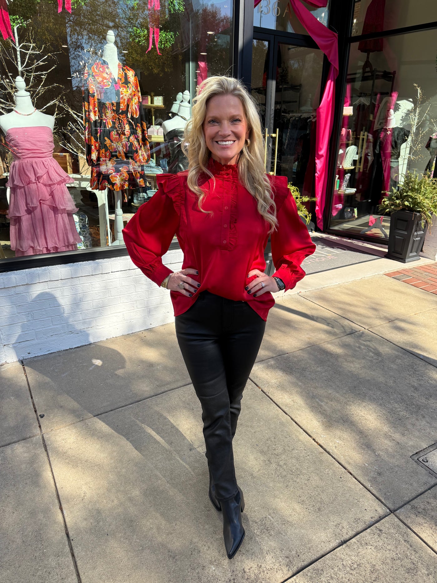 Red Ruffle Detail Solid Satin Top