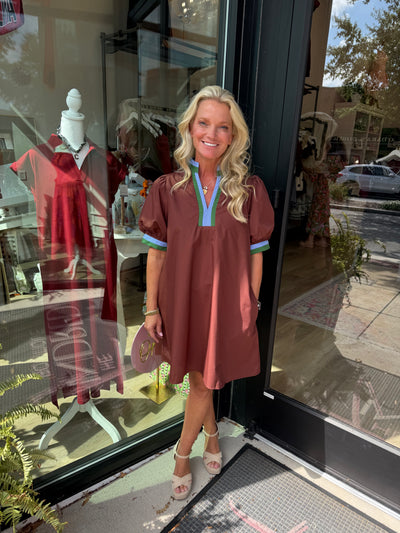 Chocolate Brown Contrast Trim Mini Dress