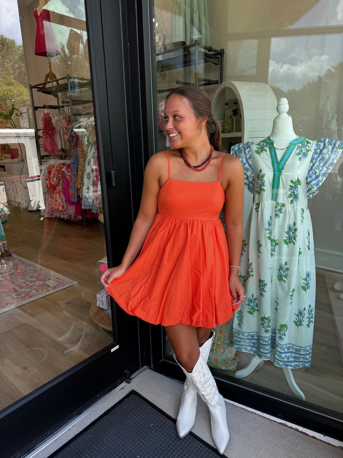 Orange Spaghetti Strap Bubble Mini Dress