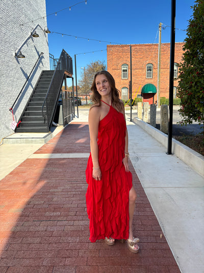 Red Halter Ruffle Maxi Dress