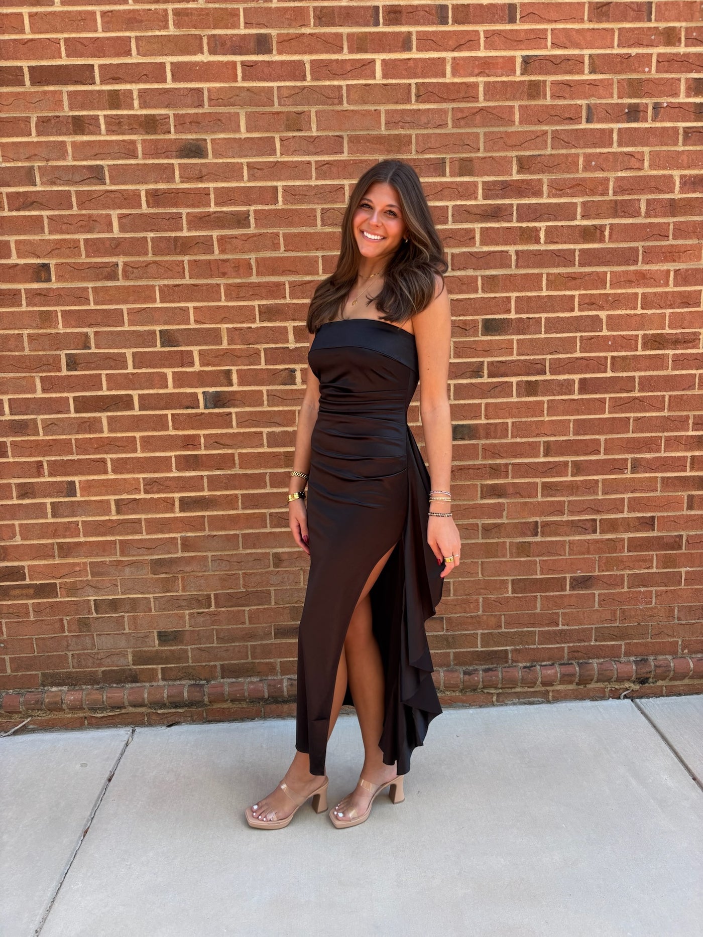 Black Satin Fold Over Bodice Maxi Dress