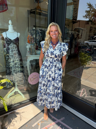 Navy and Gold Floral Maxi Dress