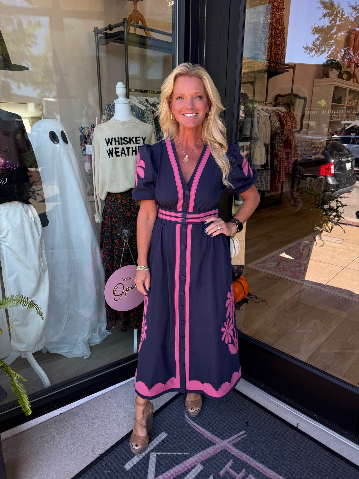 Navy Puff Sleeve Flower Patch Dress