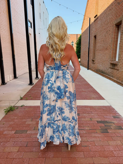Cream And Blue Floral Tie Back Halter Maxi Dress