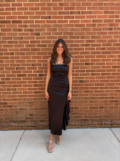 Black Satin Fold Over Bodice Maxi Dress