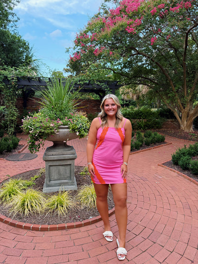 Pink and Orange Wavy Lace Linen Mini Dress