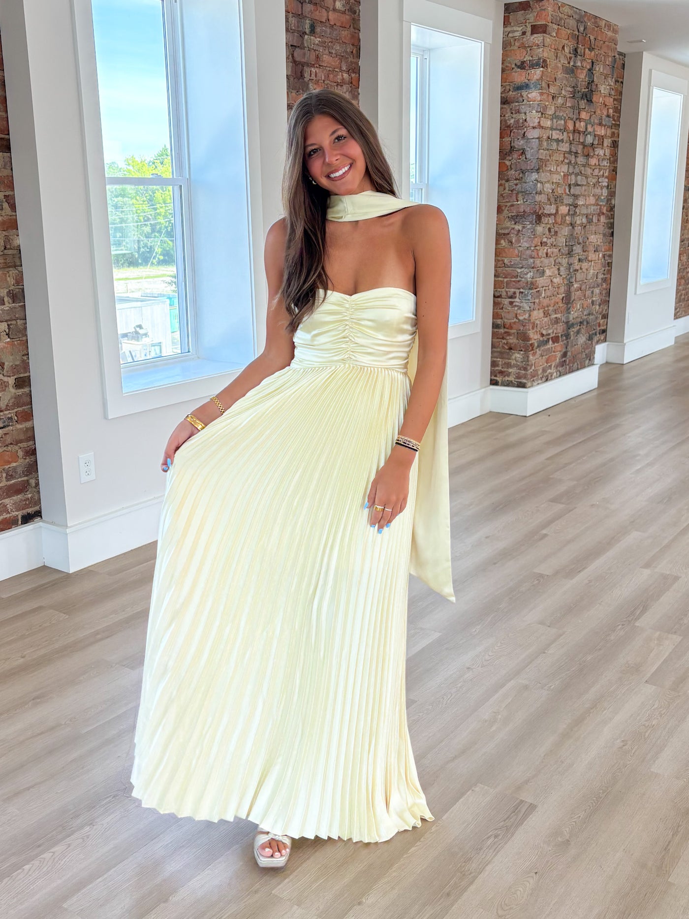Butter Yellow Scarf Detail Pleated Satin Maxi Dress