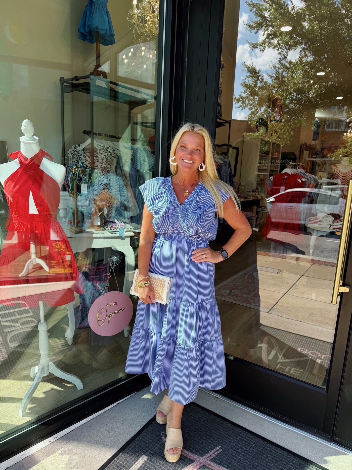 Blue Striped Flutter Sleeve Maxi Dress