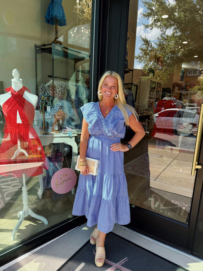 Blue Striped Flutter Sleeve Maxi Dress