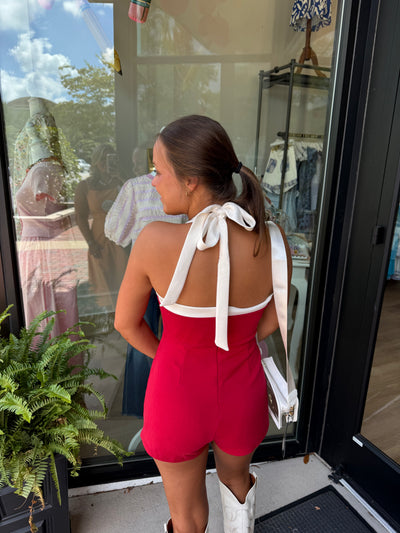 Contrasting Halter Neck Wrap Romper- Crimson