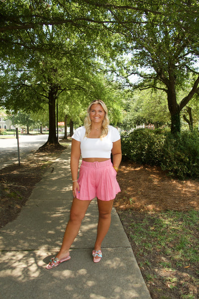 Pink Pleated Linen Shorts