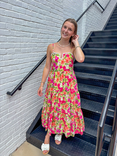 Floral Print Contrast Trim Midi Dress