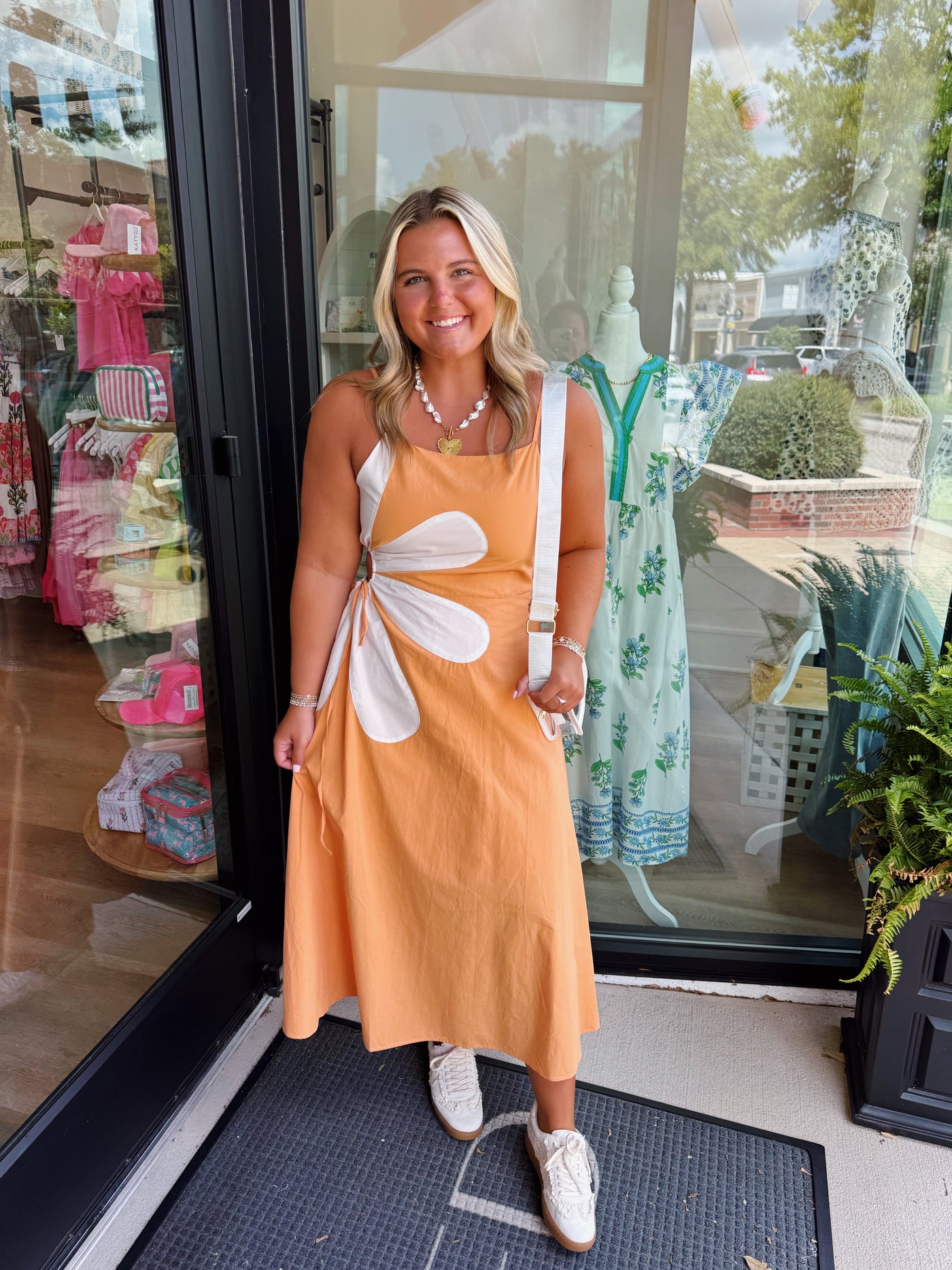 Sleeveless Side Cut-Out Flower Midi Dress- Orange