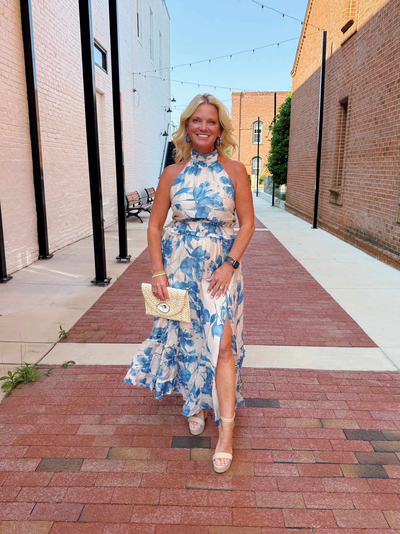 Cream And Blue Floral Tie Back Halter Maxi Dress