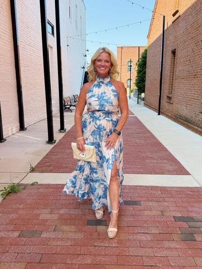 Cream And Blue Floral Tie Back Halter Maxi Dress