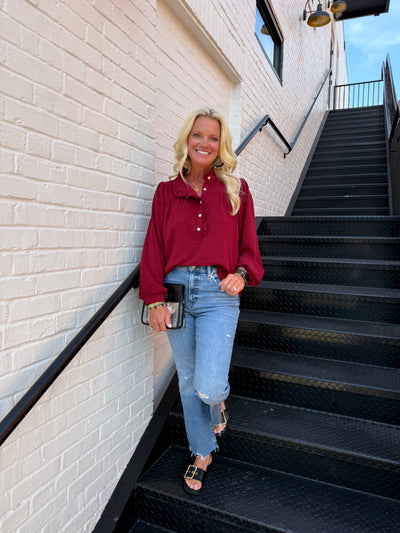 Burgundy Ruffle Accent Long Sleeve Top