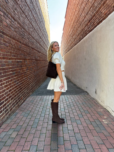 Cream Puff Sleeve Mini Skirt Set