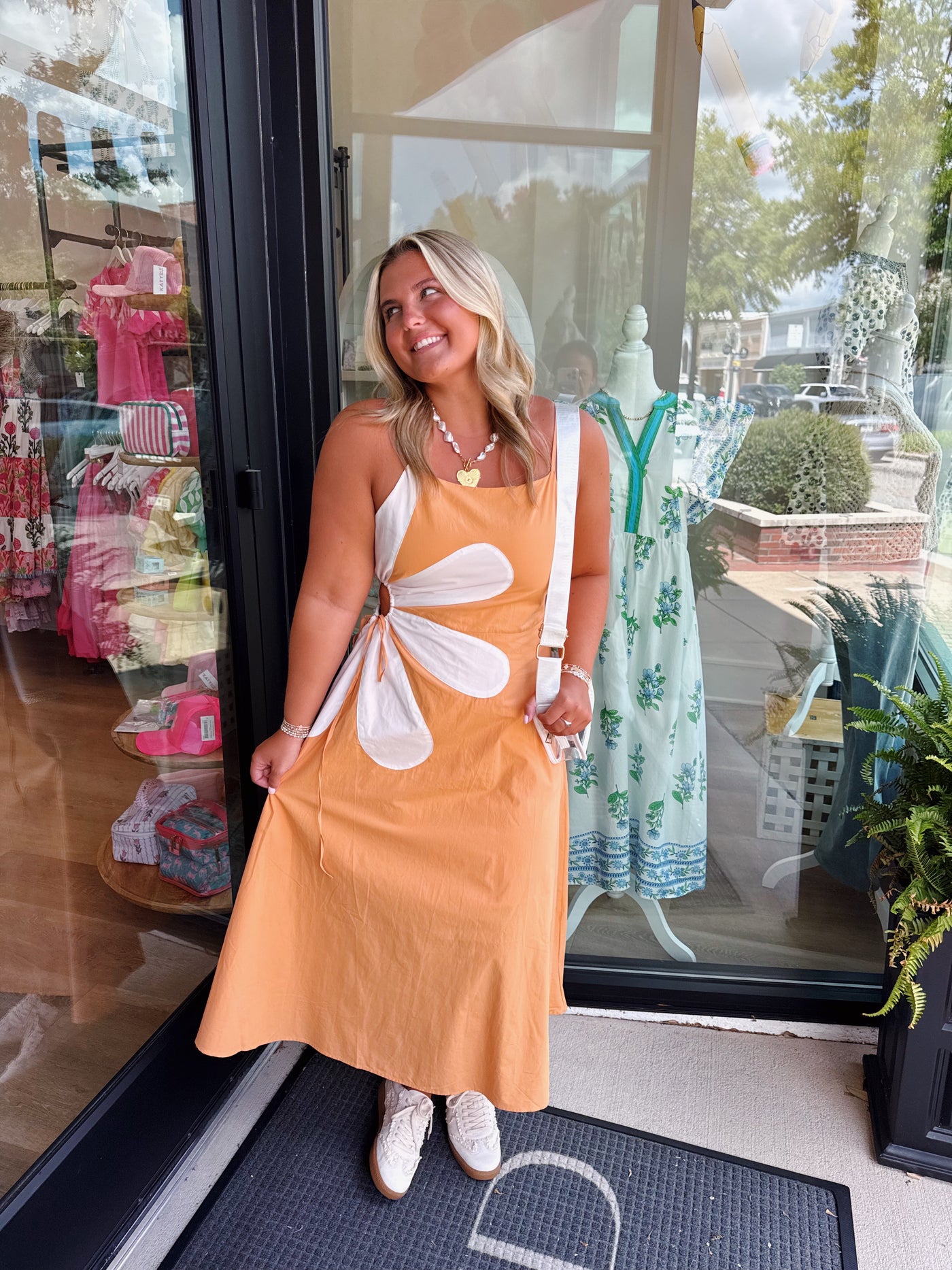 Sleeveless Side Cut-Out Flower Midi Dress- Orange