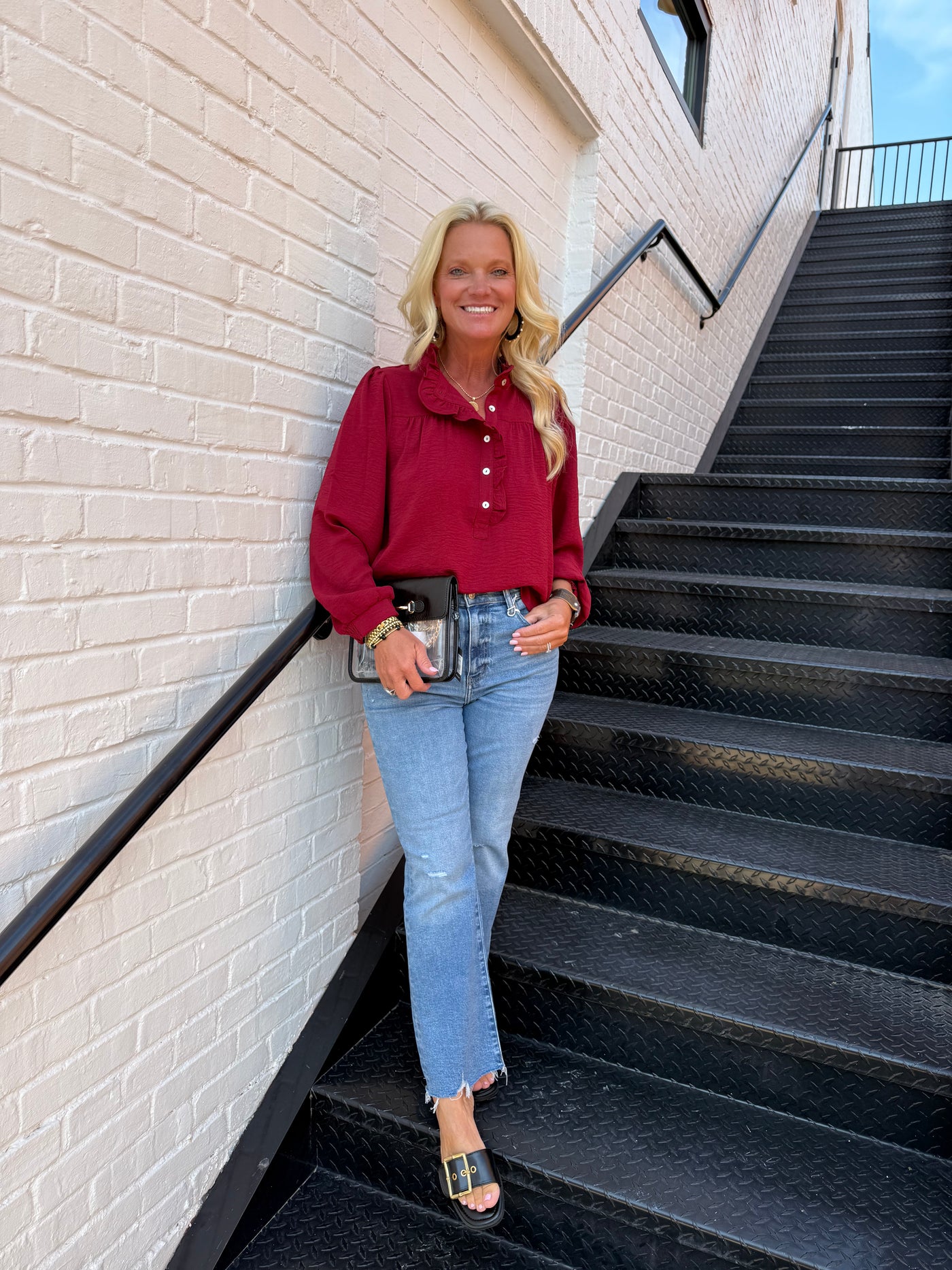 Burgundy Ruffle Accent Long Sleeve Top