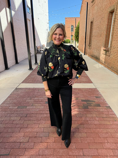 Black Floral Print Smocked Neck Long Sleeve Top