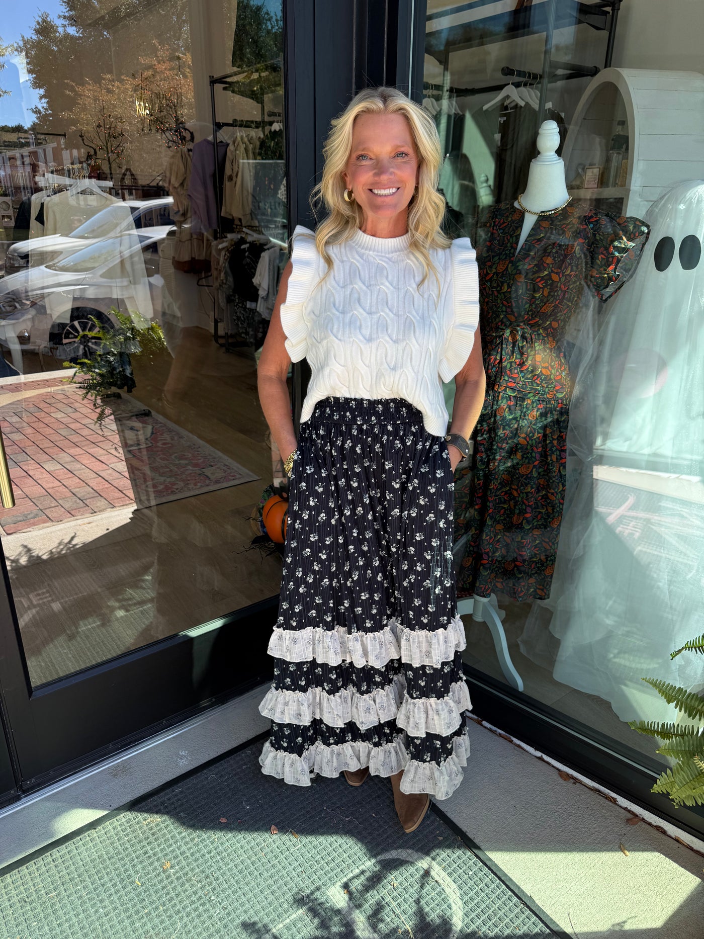 Smocked Floral Maxi Skirt With Ruffle Contrast